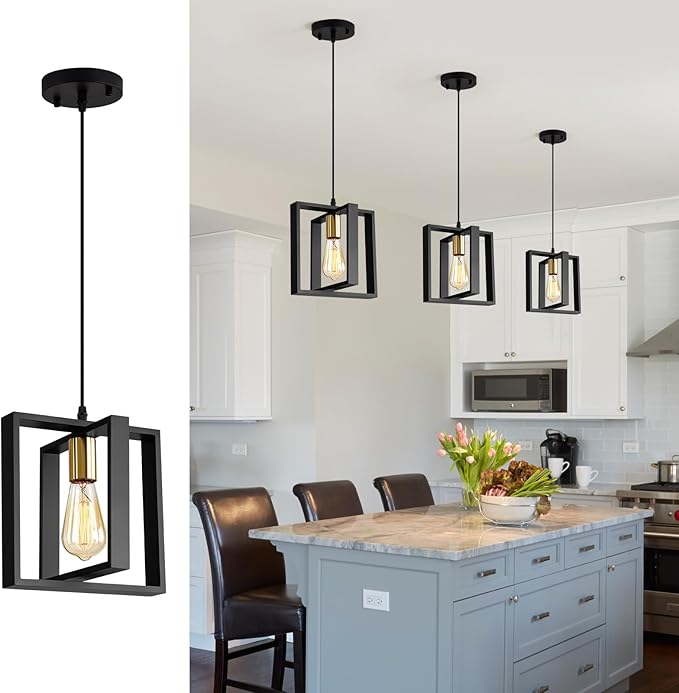 9MMML Black Pendant Lights Kitchen Island Set of 3, Farmhouse Hanging Lamp with 62'' Height Adjustable Cord, Small Wood Ceiling Pendant Light Fixture for Dining Room, Entryway, Foyer
