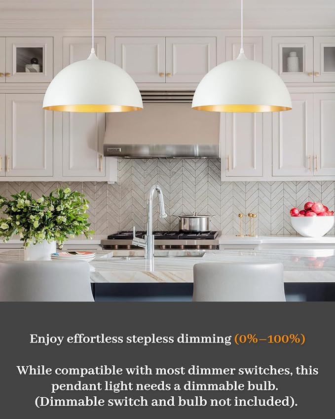 White and Gold Dome Pendant Light, 16 Inch Large Pendant Lights, White Pendant Lights Kitchen Island, Large Industrial Pendant Light for Kitchen Island, Dining Room, Cafe, Bar, 2 Pack