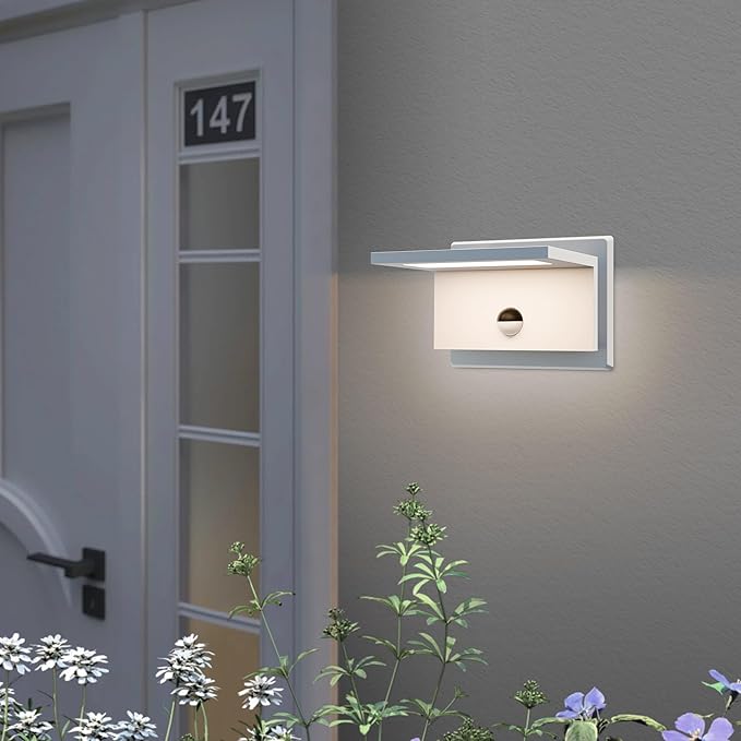 Motion Sensor Outdoor Wall Light White Exterior Light Fixture LED Porch Light Wall Mount Sconce IP54 Waterproof 15in Aluminum Lantern Lamp for House Patio Garage Entryway 10W 680Lm 3000K