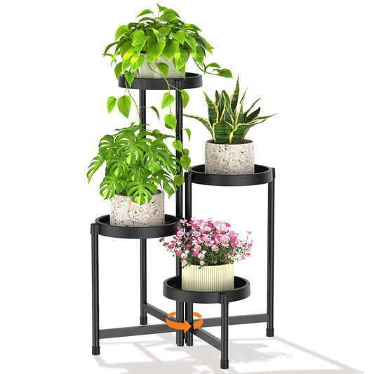 LASZOLA 4 Tiered Plant Stand Indoor Outdoor with Plastic Tray, Corner Folding Tall Flower Display Rack, Modern Plant Holder Shelf for Outdoor Patio Porch Garden Office Living Room, Black