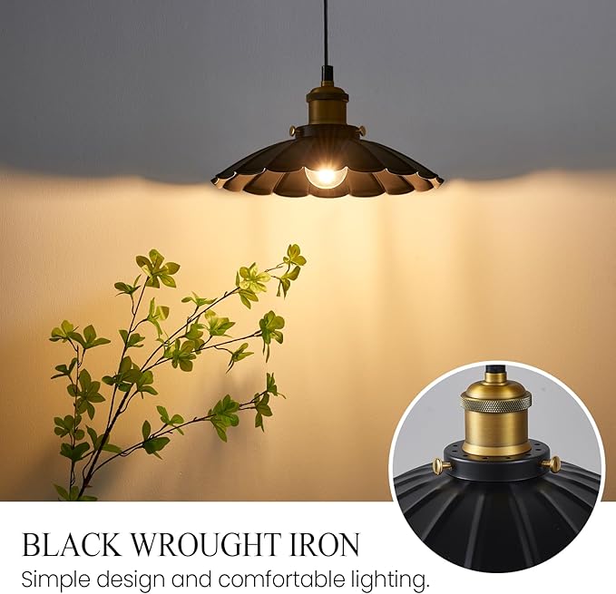 2Pack Black Pendant Light, 9.8 Inch Retro Hanging Lamp for Bedroom, Glossy Hanging Kitchen Lights Living Room 6.5Ft Height Adjustable Indoor Pleated Pendant Light