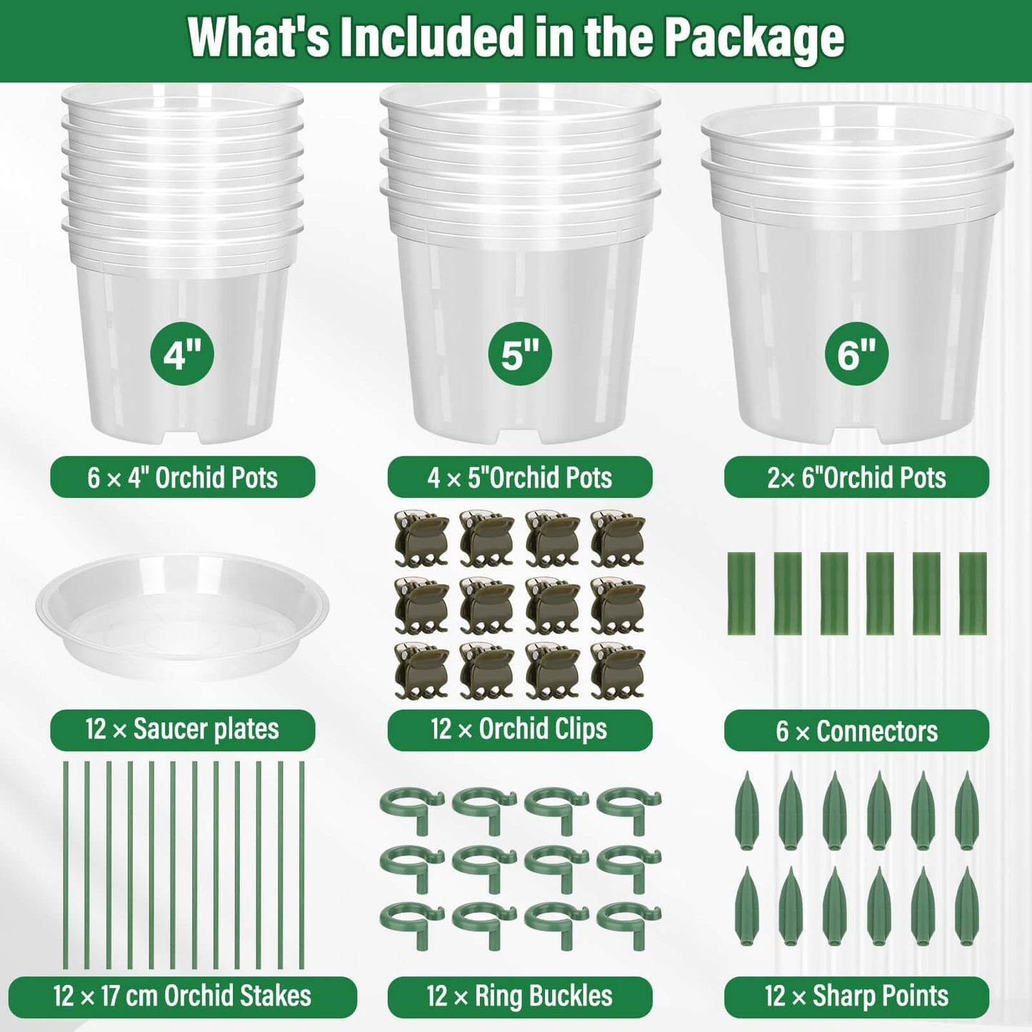 Tetutor 12 Pack Plastic Orchid Pots with Holes, 4, 5, 6 Inch Clear Orchid Pots for Repotting with Saucers Drainage and Plant Stakes, Large Small Breathable Orchids Planter Plant Pot