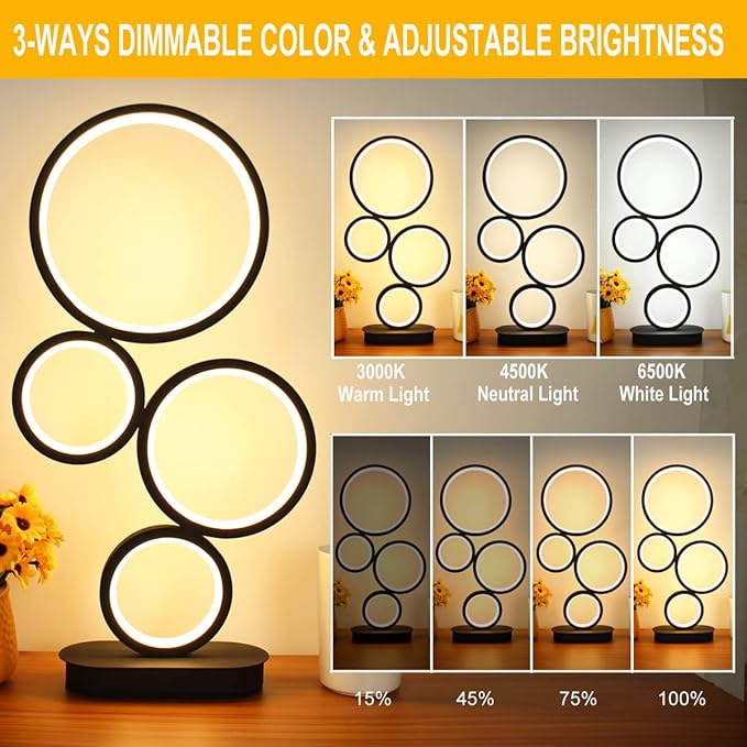 Modern LED Table Lamps for Living Room, Small Bedside Lamps for Bedroom, 18W Dimmable Desk Lamp for Nightstand, 3 Color Nightstand Lamps Reading Lamp Desk Light Night Light for Office - Black