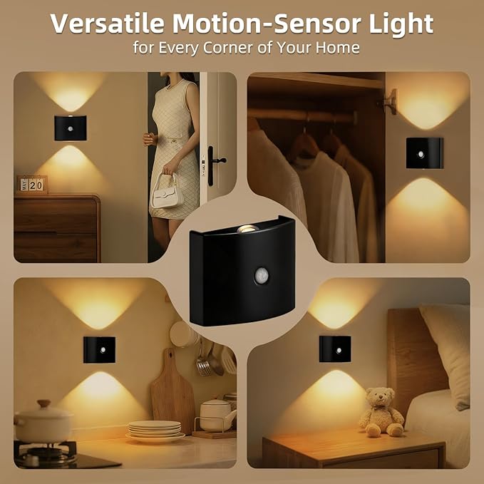 2 Pack Motion Sensor Wall Light, Rechargeable Wall Sconce with 3 Color Temperatures and Brightness Adjustable, Wireless Magnetic Mount for Bedroom, Stair, Hallway, Closet (Black)