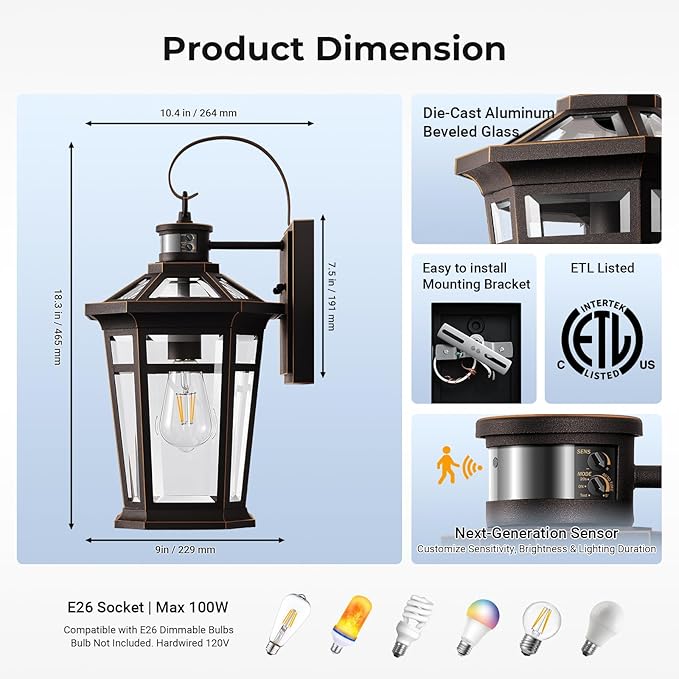 VIANIS Motion Sensor Outdoor Porch Lights Wall Mount, Aluminum Dusk to Dawn Outdoor Lighting for House Exterior Wall Sconce, Waterproof Oil Rubbed Bronze Gold Trim Exterior Lighting Fixtures for Patio