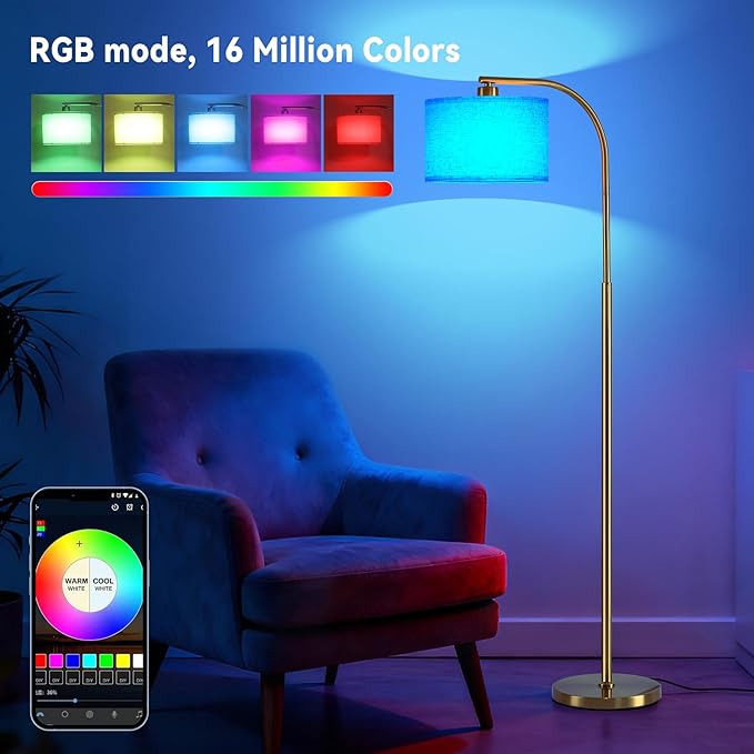 Floor Lamp for Living Room with Remote,Dimmable Tall Standing Lamps,Modern Gold Floor Light with Smart RGB Bulb,App Control,3 Color Temperatures,Fabric Shades,Floor Lamp for Bedroom Office Corner