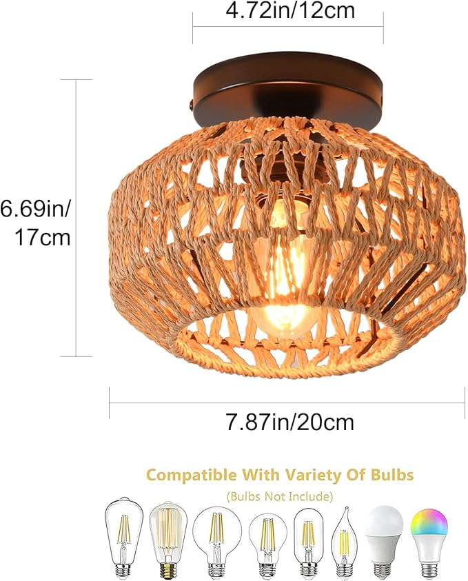 1 Pack Farmhouse Light Fixtures Ceiling Mount,Mini Rattan Boho Semi Flush Mount Ceiling Light,Hand Woven Hallway Light Fixtures for Bedroom Entryway Nursery Study Room