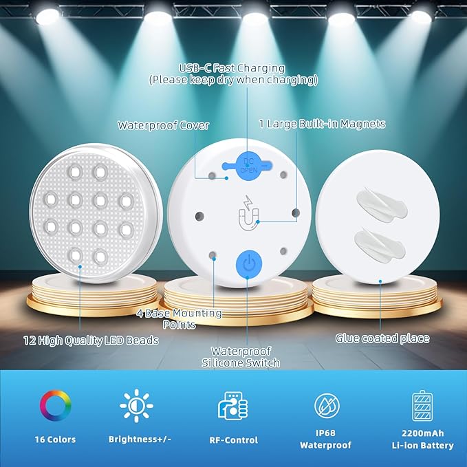 10 Pack Pool Lights, Submersible LED Lights with Remote, IP68 Waterproof 16 Color Rechargeable Floating Lights, Built-in Magnet Underwater Lighting for Inground Above Ground Pool Fountain