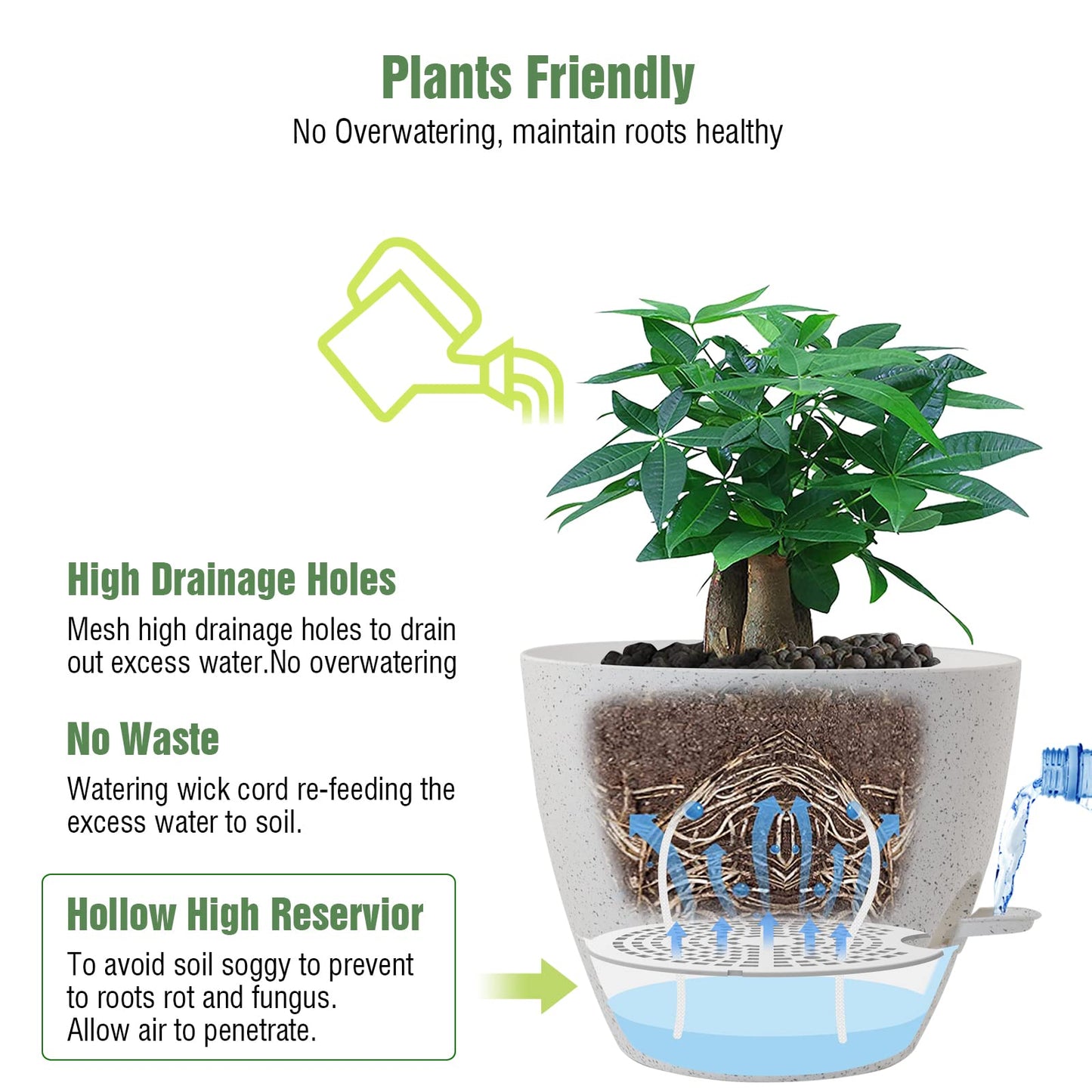 UOUZ 12inch 2Pack Large Self Watering Planters, Plastic Plant Pots with 60oZ Removable Deep Reservoir and Multi Mesh Drainage Holes for Indoor Outdoor Garden Plants and Flowers, White Speckles