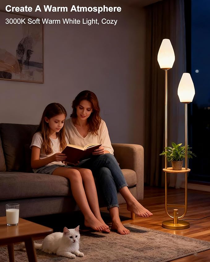 Lightdot 63IN Gold Floor Lamp with Shelf, Mid Century U-Shaped Tall Standing Lamps with Rock-Shaped Shades& Bulb Included, Modern Floor Lamp for Living Room/Wedding/Party/Sofa Beside/Corner Decor