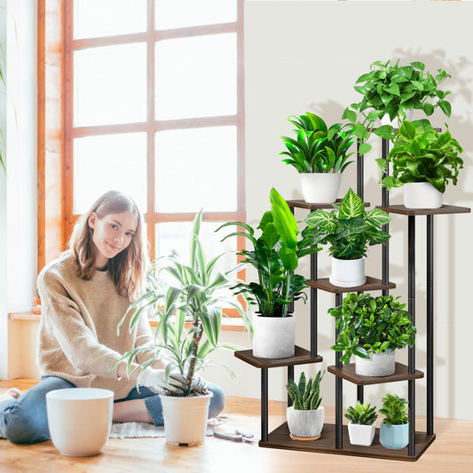 YOCOMEY 7 Tier Plant Stand Indoor, Thickened Metal Wood Corner Plant Shelf Stands for Multiple Plants, Indoor Tall Plants Stand Tiered Flower Holder for Living Room Patio Garden Balcony(Black+Oak)