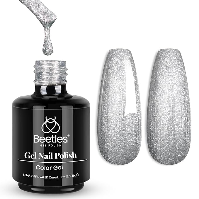 Beetles Silver Gel Nail Polish Glitter Gel Polish Shell Swirl Thread Drawing Effect Mermaid Shimmer Soak Off UV LED 15ml Gifts for Women Silver Dance Floor