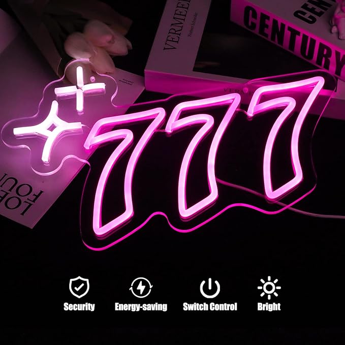 777 Neon Sign Angel Number Neon LED Sign Luck Seven Neon Lights Pink White Star Neon Signs for Wall Lucky Number LED Neon Light Up Sign Neon Light Sign for Bedroom Bar Birthday Party Decor