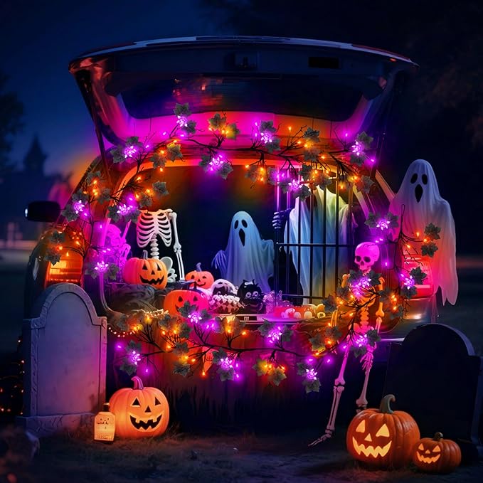 Halloween Garland with Lights, 6FT 54 LED Pumpkin Bat Willow Vine Twig Light Orange Purple Indoor Halloween Lights Decorations, 8 Modes Mansion Fireplace Wall Halloweens Light Up Garland for Mantle