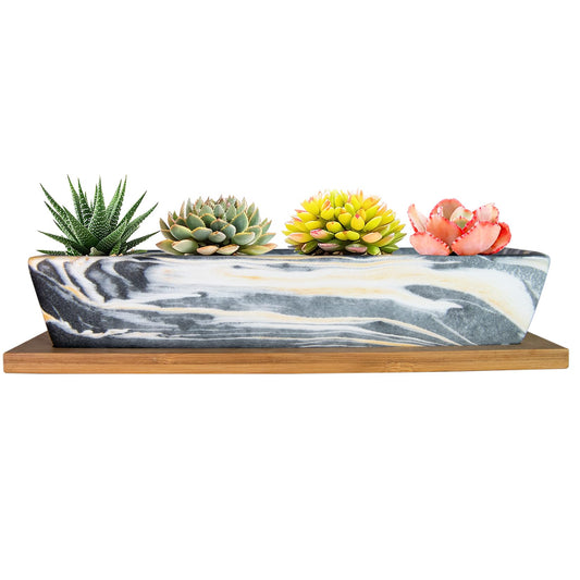 ARTKETTY Succulent Pots, 9.8 Inch Ceramic Succulent Planters with Drainage Small Bonsai Pot with Bamboo Tray, Mini Cactus Flower Planter Pot Shallow Rectangular Window Planters for Indoor Plants