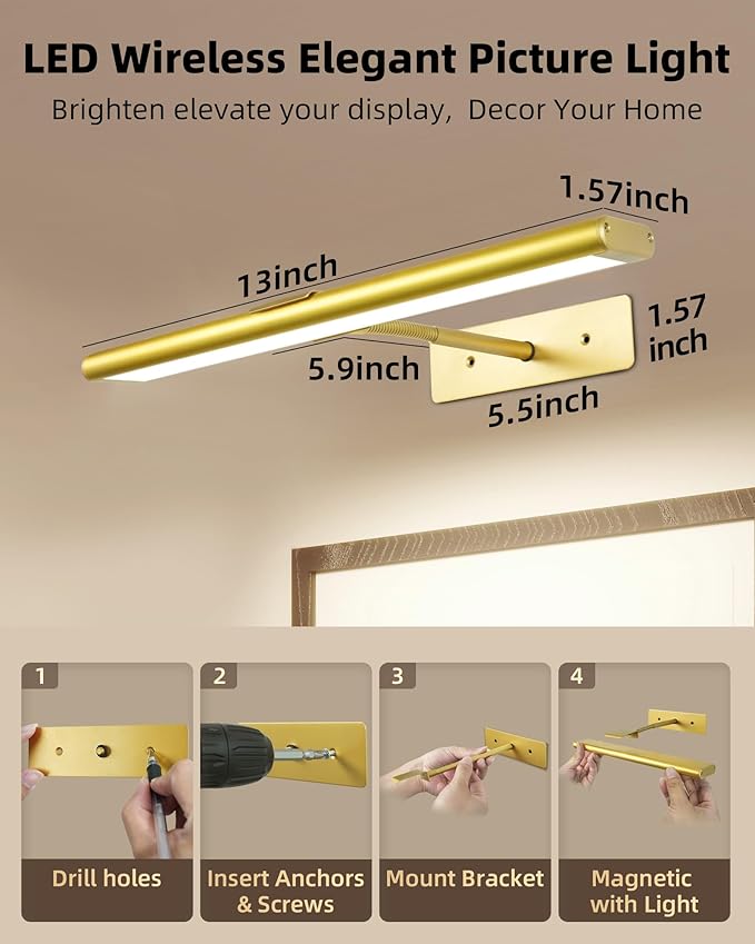 EZVALO Picture Light for Wall, 4800mAh Rechargeable Wireless Remote, 13in Dimmable Magnetic LED Art Display Light with 3 Color Temperatures, for Gallery, Living Room, Bedroom, Hallway (Gold)
