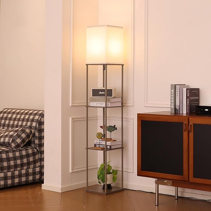 Floor Lamp with Shelves, Modern Square Standing Lamp with 3 Color Temperature Bulb, Corner Display Bookshelf Lamp for Living Room, Bedroom and Office （Grey）