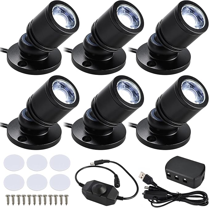 YaeCCC Dimmable Mini LED Spotlight, 6-Pack Multicolor LED with 6 Modes (Warm/Cool/Red/Blue/Green/Purple), USB Powered Accent Lighting for Plants, Jewelry Showcase, Model Display Shelves