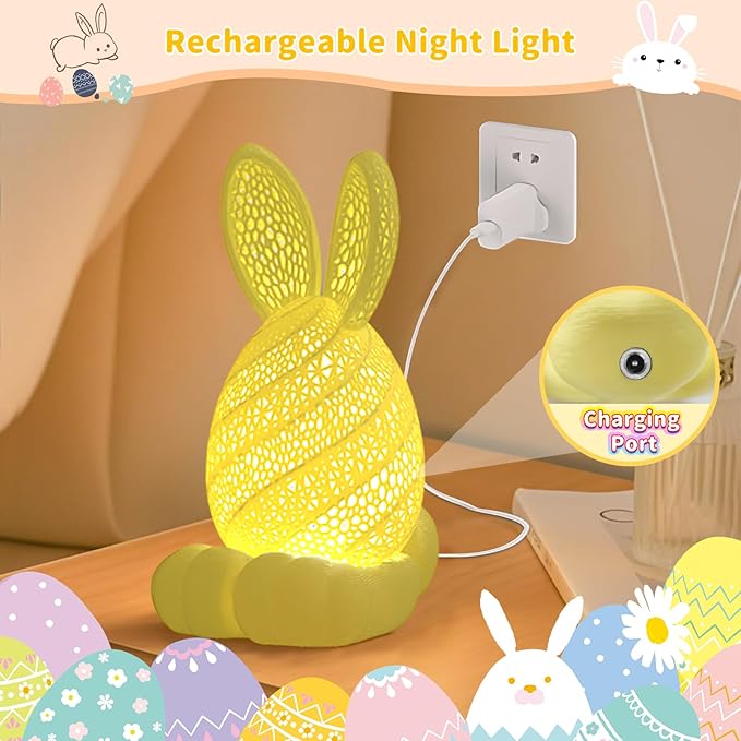 Easter Bunny Night Light, Rechargeable & Dimmable 3D Printed Cute Rabbit Lamps, Portable Animal Nightlight for Girls & Boys, Unique Spring Party Favors Easter Basket Stuffers for Kids Teens(Yellow)