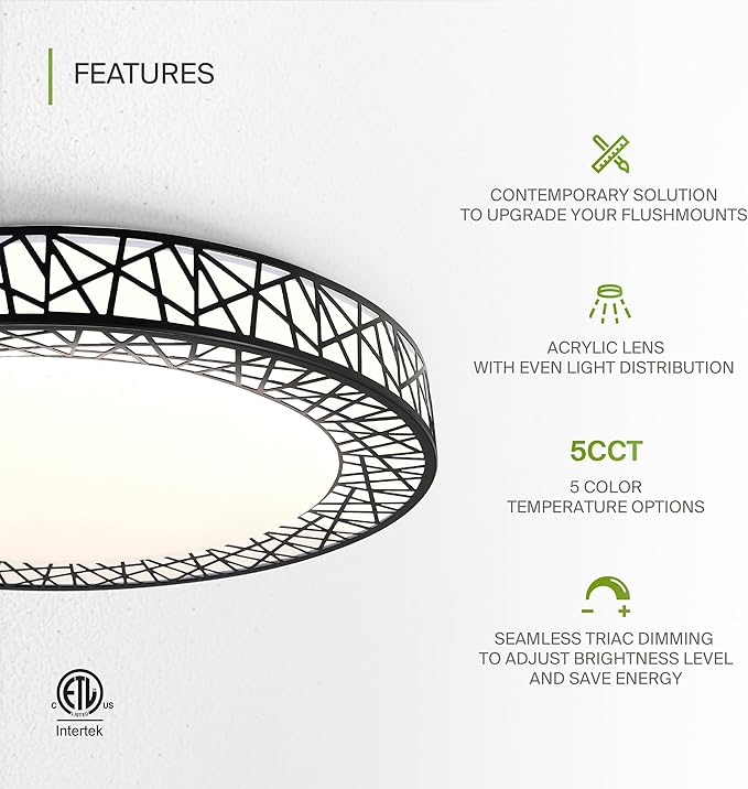 ASD 18 Inch LED Flush Mount Ceiling Light Fixture for Bedroom, 35W 1992LM 5CCT 2700K-5000K, Triac Dimmable Lights, Dining, Living Room, Kitchen Lamps, Modern Home Lighting Fixtures, Black, ETL, 2 Pack