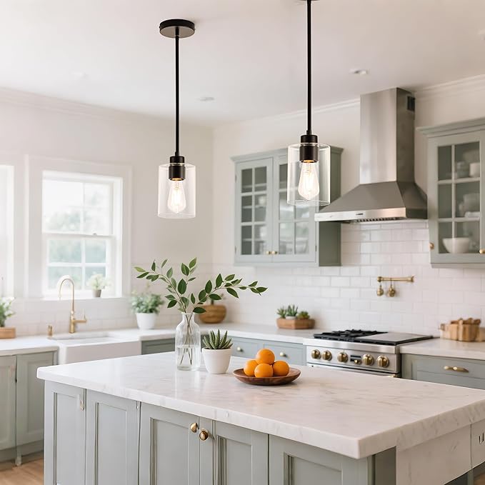 MAYNA 2-Pack Black Farmhouse Pendant Lighting, Rustic Glass Kitchen Island Lights with Bulbs, Adjustable Rods Vintage Hanging Fixtures for Dining Room, Bar