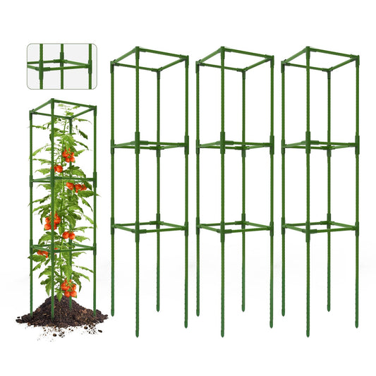Breeze Touch 3 Pack Square Tomato Cages, Up to 47 Inch Adjustable Tomato Trellis for Garden & Pots, Garden Trellis for Climbing Plants Outdoor, Plant Trellis for Climbing Vegetables, Flowers, Beans
