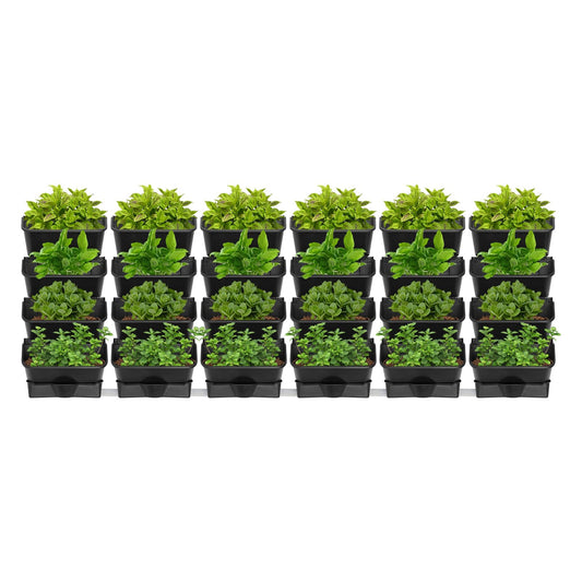 24Pack Vertical Wall Planter, 13 inch Wall Mounted Garden Planters, Stackable Wall Hanging Planter, Plastic Flower Pot with 4 Drainage Tray & 6.56FT Drainage Pipe for Indoor and Outdoor (Black)