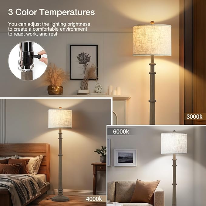 Floor Lamps for Living Room - 60" Resin Farmhouse Floor Lamp with Adjustable Color Temperatures - Vintage Standing Lamp Reading Light with Linen Shade Retro Tall Lamp for Bedroom Office, Grey