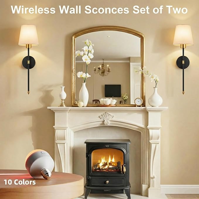 Wall Sconces Battery Operated Set of 2, Rechargeable Wall Sconce, 10 Colors Wireless Wall Sconces Set of Two, 5200mAh Dimmable Bulbs and Remote, for Bedroom Living Room, Hallway (Gold-Black - 24 inch)