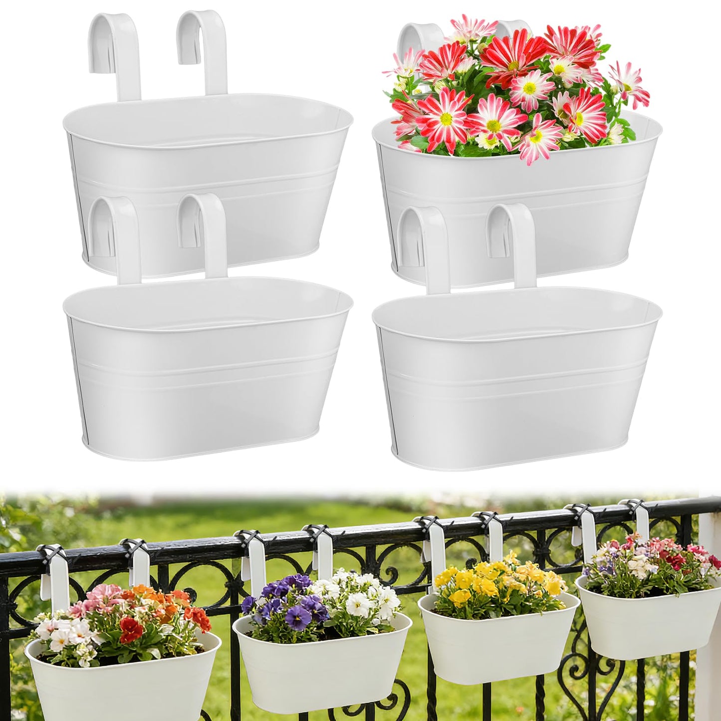 MADHOLLY Railing Planter with Drainage Holes - Sturdy Bucket Pots for Railing Fence, Countryside Style Metal Flower Pots for Herbs Balcony Garden Yard Decor, 4Pcs, White
