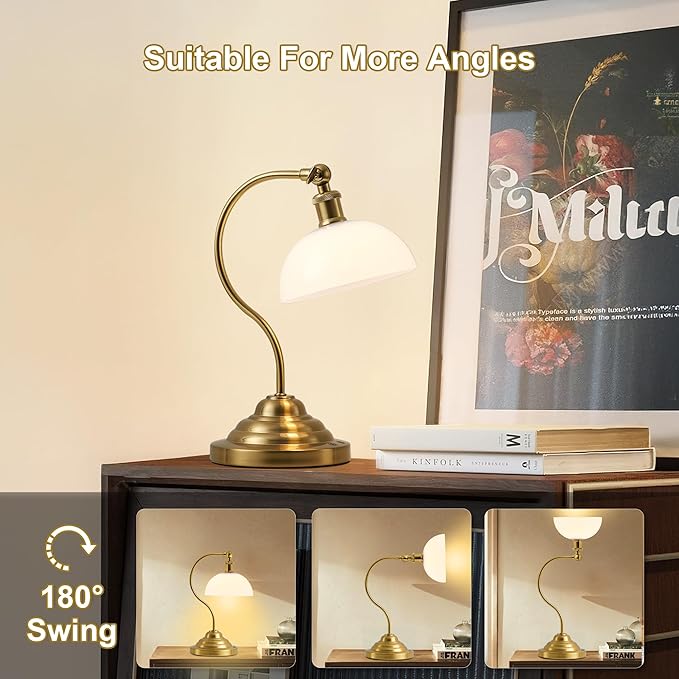 Cordless LED Table Lamp Set of 2, Battery Operated Desk Lamps with Swing Arm & Plastic Shade, Vintage Small Rechargeable Dimmable Light for Bedroom, Living Room, Nightstand, Brass/White