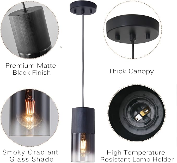 2-Pack Black Pendant Light Fixtures, Adjustable Modern Pendant Lights for Kitchen Island, Industrial Glass Pendant Lights for Dining Table Hallway Bedroom Living Room