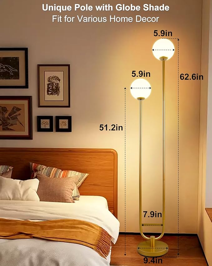 63IN Dimmable Floor Lamp with Shelf, Unique Globe Gold Tall Standing Lamps with 2 Bulbs, 3000K Warmwhite Mid Century Modern Floor Lamp for Living Room/Bedroom