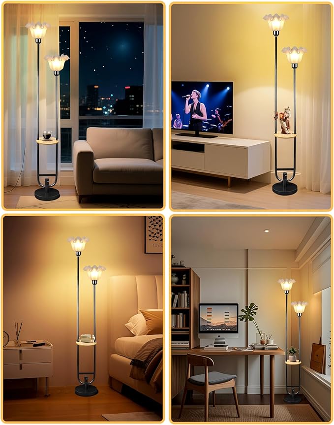 Lightdot Dimmable Flower Floor Lamp for Living Room, Modern Mid Century Floor Lamp with Table, Black Tall Standing Lamp for Bedroom/Sofa Beside/Corner Decor(Bulb Included)