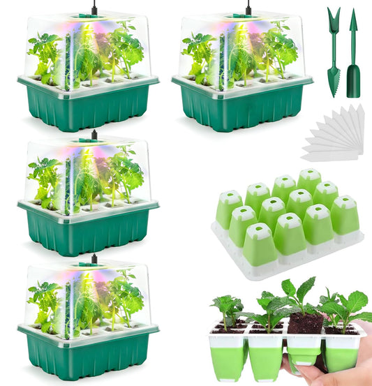 Seed Starter Tray with Grow Light, 48 Cells Indoor Seed Starter Kit, Flexible Silicone Seedling Starter Trays, Germination Tray Kit with Humidity Dome & Lids(4in Height), Reusable & Dishwasher Safe