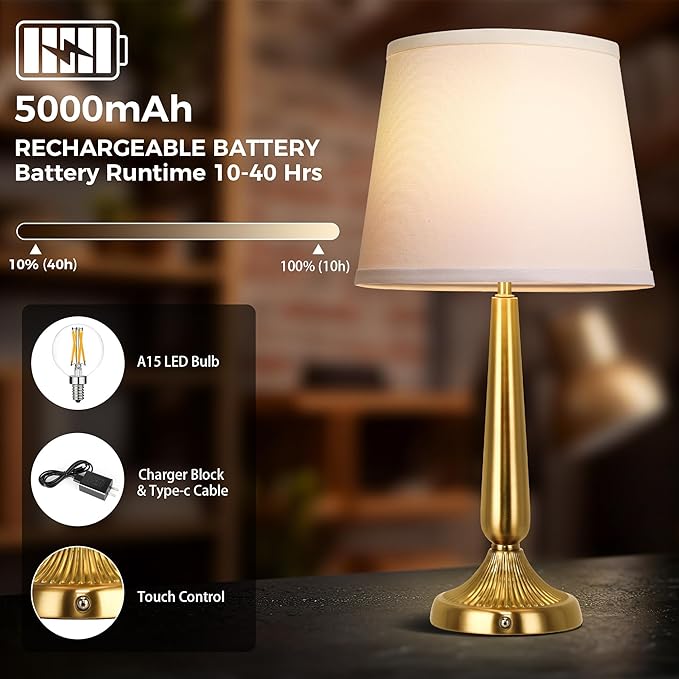 PARTPHONER Cordless Table Lamp, 5000mAh Battery Rechargeable Touch Lamp, 3-Level Brightness Bedside Lamps, Modern Portable Design, Battery Operated Desk Lamp for Patio Camping, Dining, Home, Gold