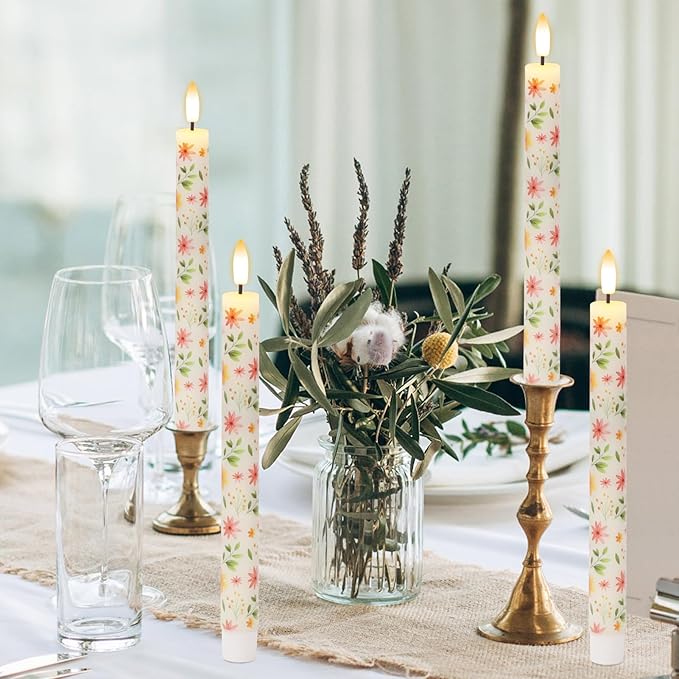 Floral Flameless Taper Candles with Remote Timer, LED Taper Candles Battery Operated Warm 3D Wick Flickering, Real Wax CandleSticks, Wedding Birthday Christmas Decor