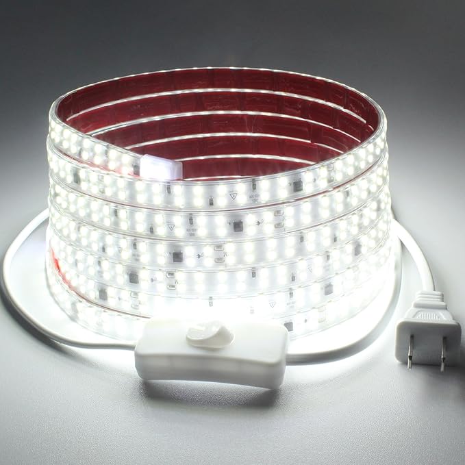 120V LED Rope Lights 32.8FT Outdoor LED Strip Lights Waterproof Cold White 6000K Flexible Cuttable LED Tape Lights with Switch Plug 240LEDs/m Super Bright Lighting for Bedroom Garden 10M