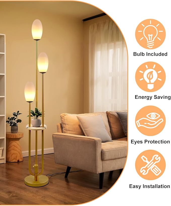 Lightdot Gold Floor Lamp Dimmable with Table, Tall Standing Lamps with 3-Oval Lampshades& LED Bulbs Included, 3000K Warmwhite Mid Century Modern Floor Lamp for Living Room/Sofa Beside/Corner Decor