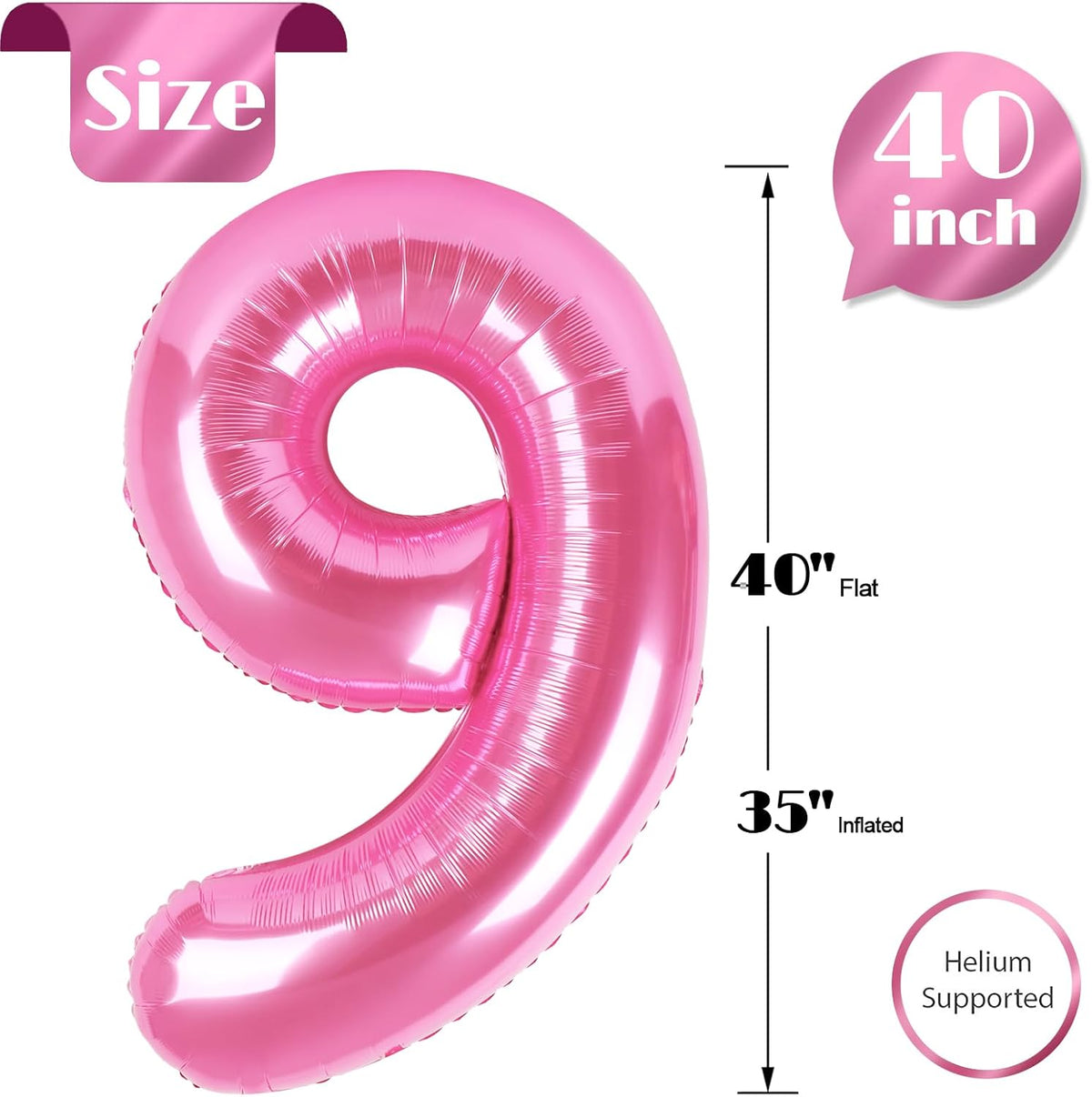 Pink 9 Balloon | 40-Inch Giant Number Balloon for 9th Birthday Decorations & Parties