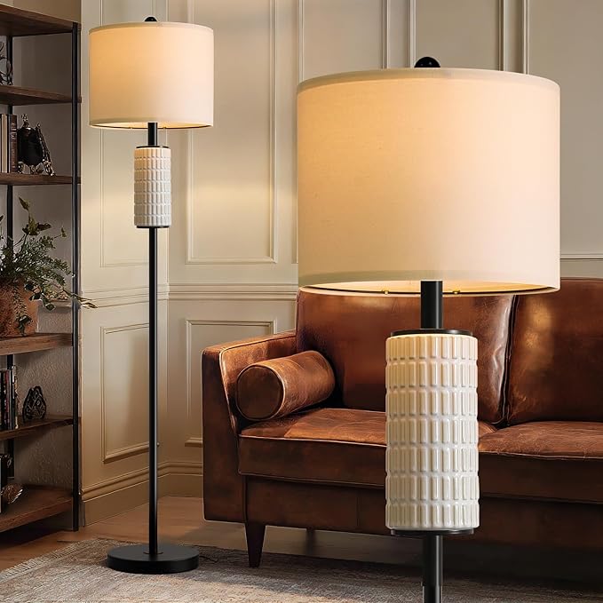 PoKat Farmhouse Floor Lamp for Living Room with Ceramic, 64" Black Standing Lamps for Living Room Corner, Modern Tall Floor Lamps for Bedroom, Sofa, Reading Nock, Rotary Switch, Matte Black