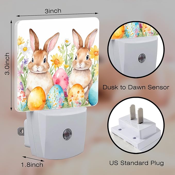Easter Bunny Eggs Night Light for Kids,Dusk-to-Dawn Auto Sensor Happy Easter Floral Plug in Night Light,0.5W Energy Saving Non-Toxic for Bedroom/Bathroom,Ideal Gifts for Women Men