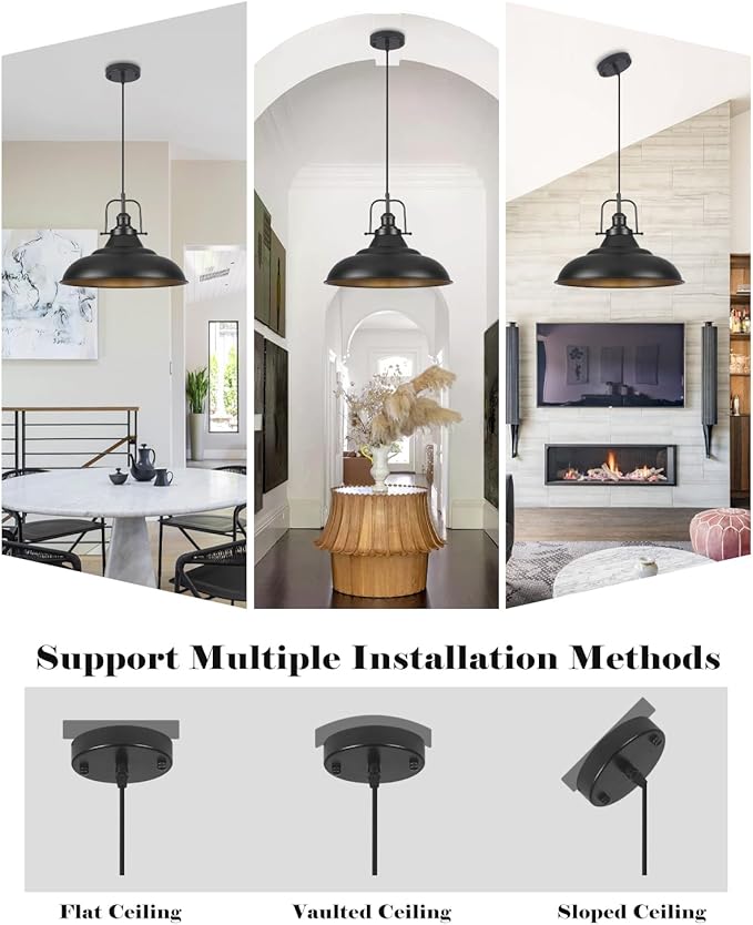 Black Pendant Light Kitchen Island,16 Inch Large Industrial Pendant Lights, Matte Black Pendant Lights, Vintage Farmhouse Pendant Light for Kitchen Island, Dining Room, Hallway (2 Pack)