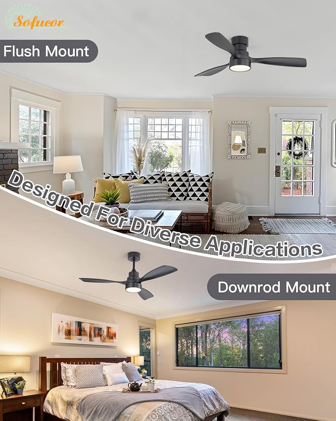 Sofucor 48 Inch Smart Ceiling Fans with Lights-Flush Mount & Downrod Mount Modern Outdoor Ceiling Fans with Alexa/Google Assistant/APP/Remote Control for Bedroom/Farmhouse/Patio, Black & Walnut