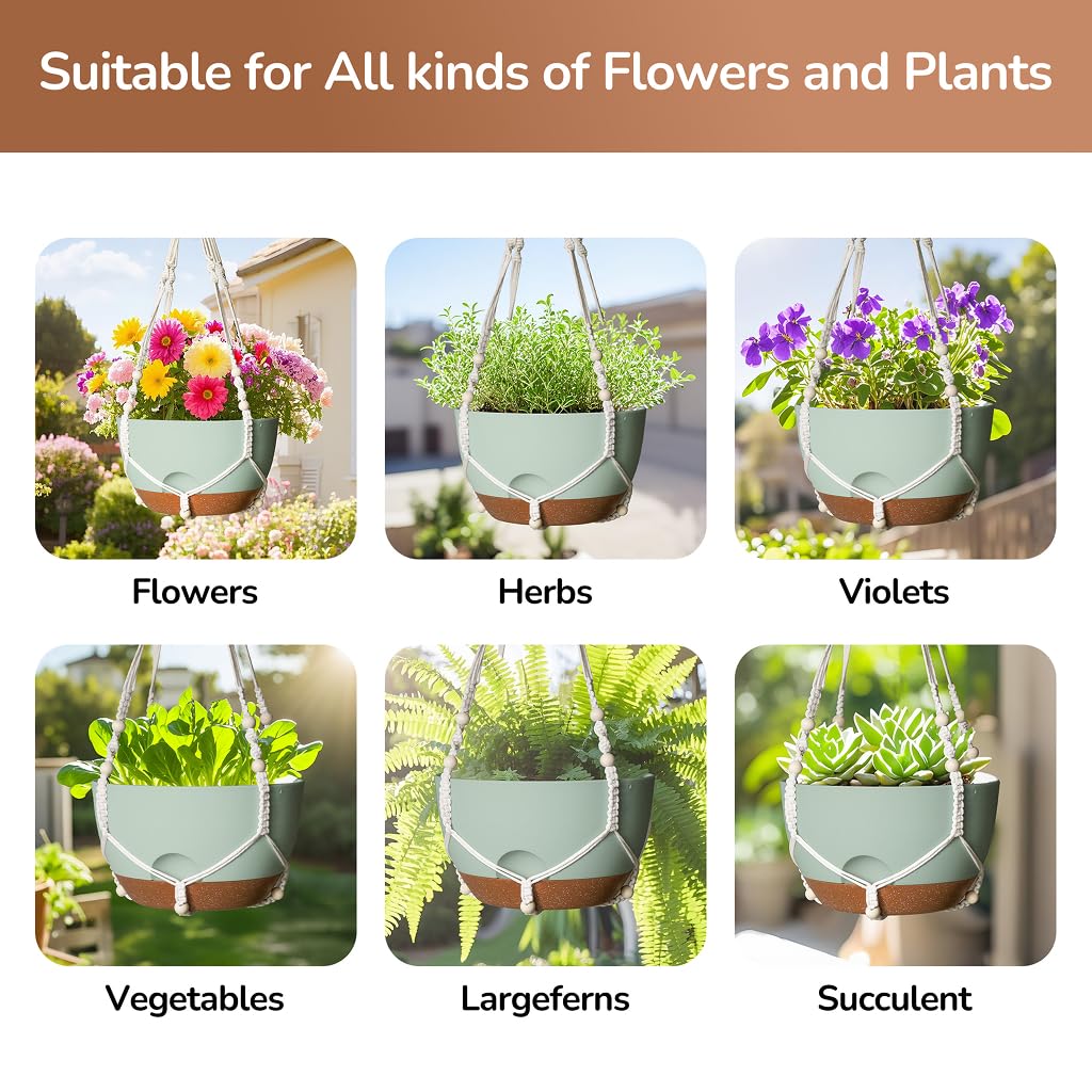 LESOASIS 12 Inch Hanging Baskets for Plants Outdoor, Hanging Planters for Indoor Outdoor Plants, Hanging Planter with Self Watering, Hanging Flower Pots (Green Planter with Macrame + Iron Hangers)