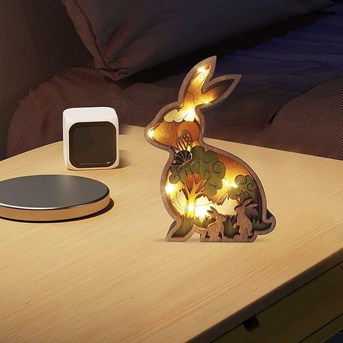 Drawelry 3D Wooden Animals Carving Home Decorative - Creative Wood Carved Lamp Farmhouse Wooden Animals Sculpture Ornaments Easter Birthday Gifts for Family Friend Son Dad (Rabbit, with Light)