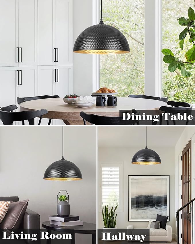 16 inch Black and Gold Pendant Light 2 Pack, Hammered Large Industrial Pendant Lights Kitchen Island, Black Dome Pendant Light for Kitchen Island, Dining Room, Bar