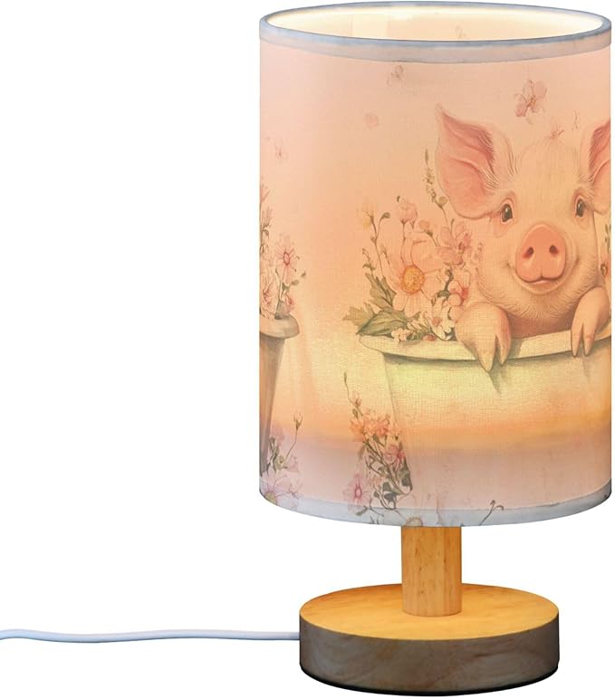 Cute Pig Pink Floral in Tub Table Lamp with Wood Base Fabric Lamp Shade Bedside Nightstand Desk Lamp for Living Room Bedroom Kids Room Office