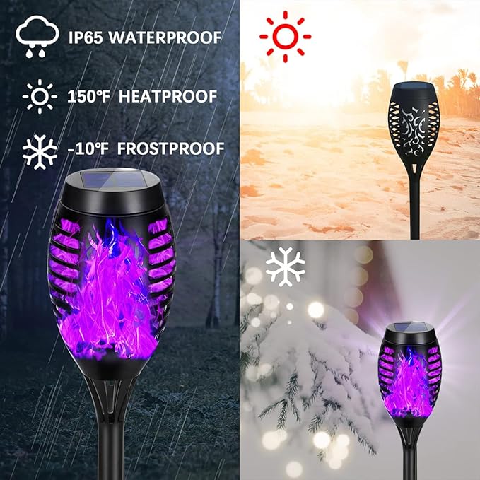 Solar Lights Outdoor Decorations, Upgraded Purple Flickering Flame, Waterproof Halloween Torch Lights, Tiki Torches for Outside Patio Pathway Decor, 6 Pack (8)
