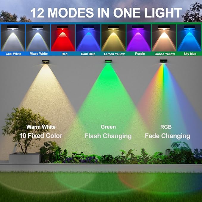 Solar Fence Lights,Fence Lights Solar Powered Waterproof IP65 Multicolor Led 12 Fixed Colors ＆RGB Color Changing for Pool, Deck, Patio, Porch, Stairs, Holiday-12pack